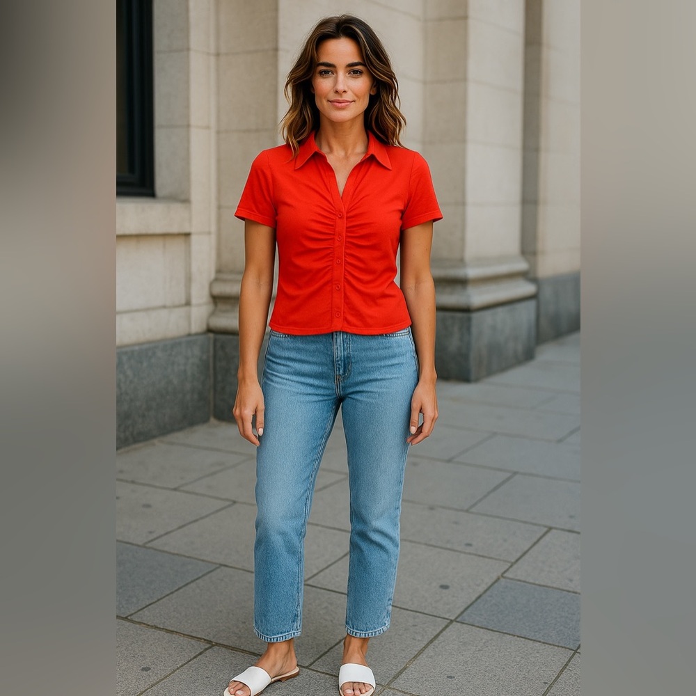 NWT Ro & De Women’s Red Ruched Button‎ Down Short Sleeve Top with Notched Collar